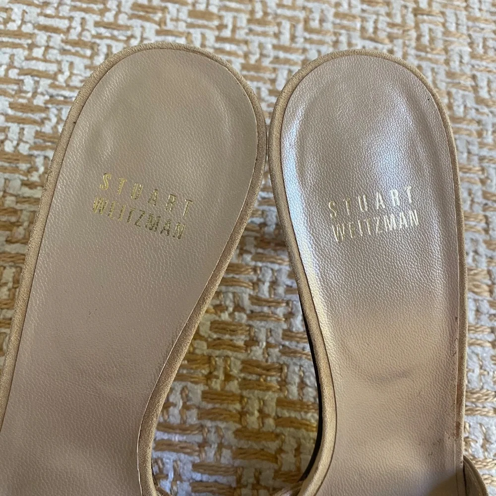 Stuart Weitzman Tan & Blue Slip on Beaded Heel Sandals 7.5 - Picture 3 of 7
